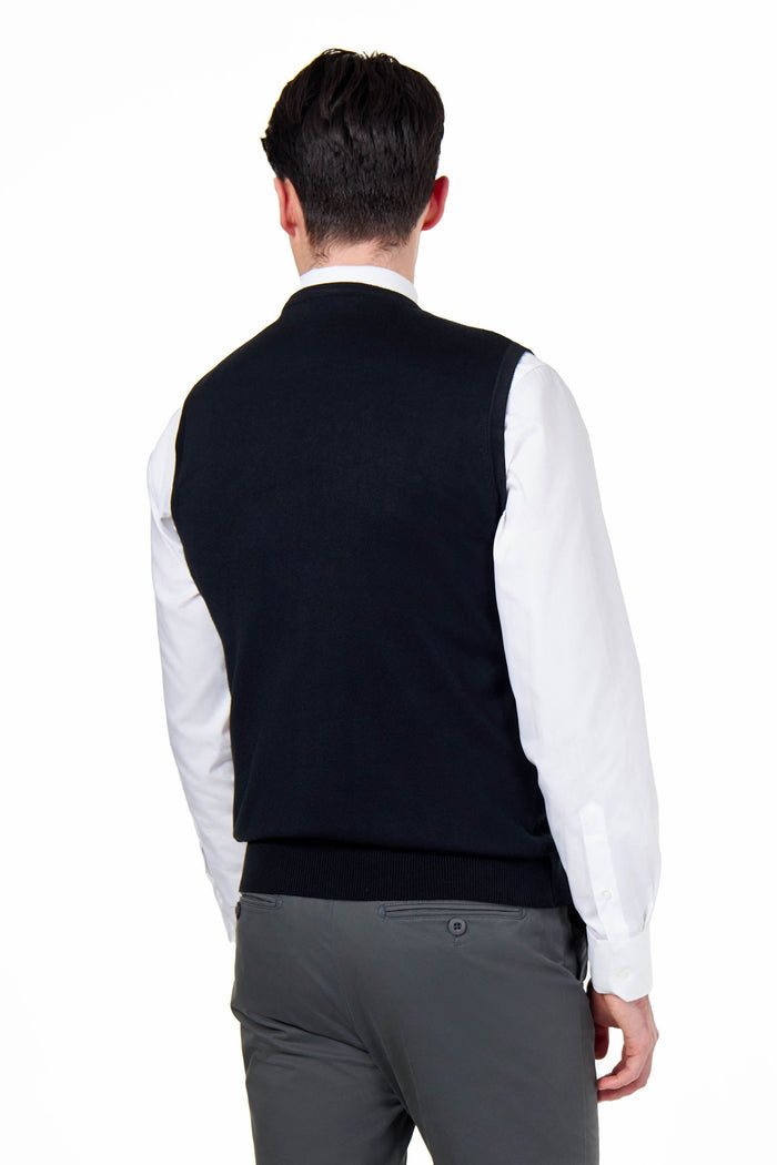 KNITTED COTTON BLACK SLEEVELESS JUMPER V-NECK VEST