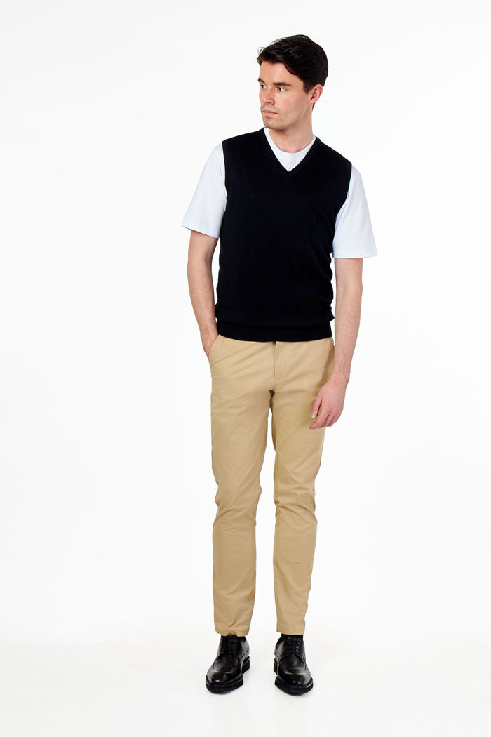 KNITTED COTTON BLACK SLEEVELESS JUMPER V-NECK VEST
