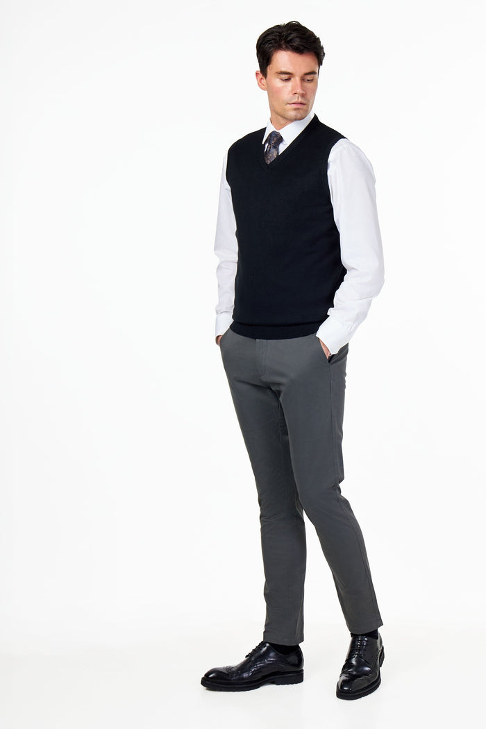 KNITTED COTTON BLACK SLEEVELESS JUMPER V-NECK VEST