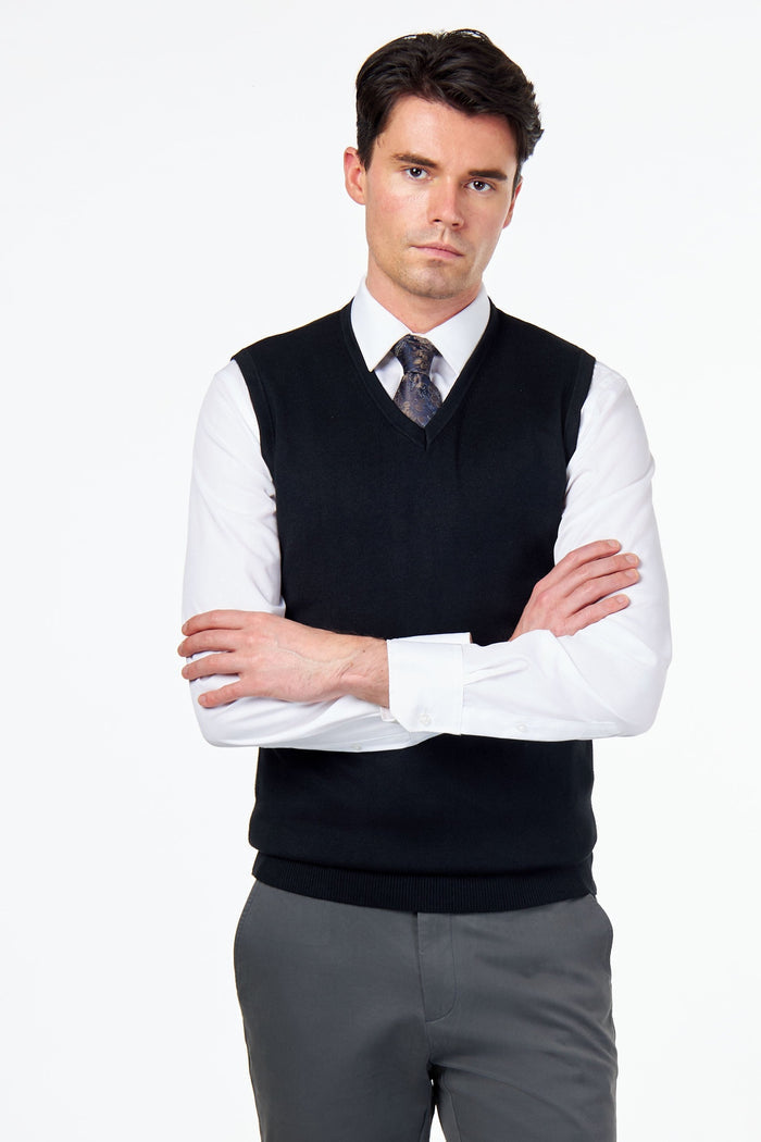 KNITTED COTTON BLACK SLEEVELESS JUMPER V-NECK VEST