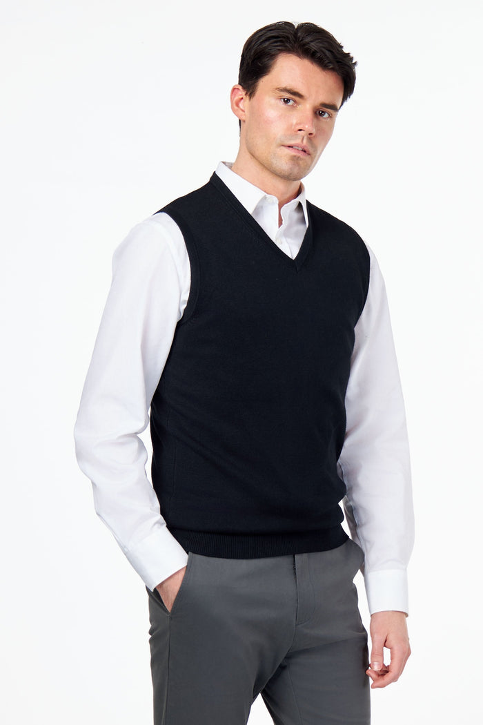 KNITTED COTTON BLACK SLEEVELESS JUMPER V-NECK VEST