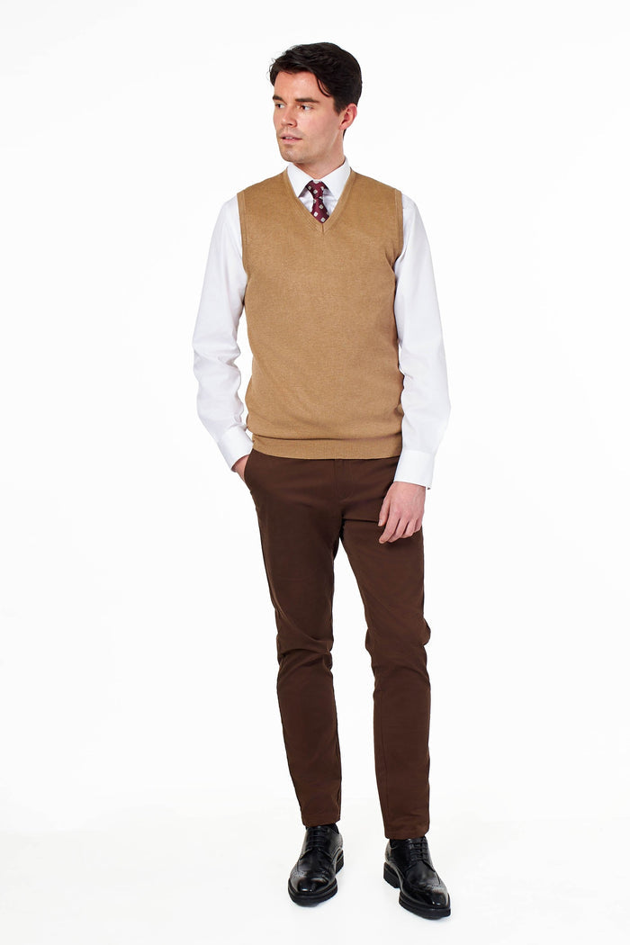 KNITTED COTTON CAMEL SLEEVELESS JUMPER V-NECK VEST