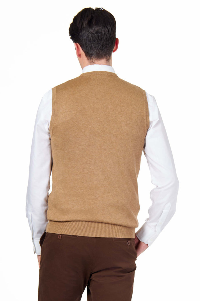 KNITTED COTTON CAMEL SLEEVELESS JUMPER V-NECK VEST