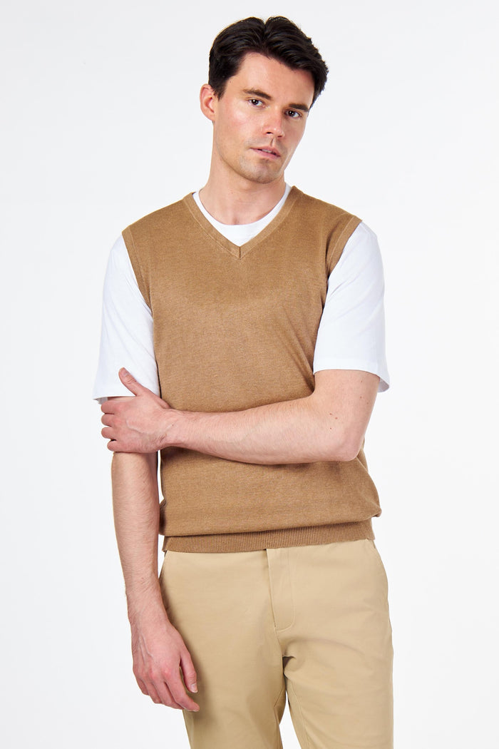 KNITTED COTTON CAMEL SLEEVELESS JUMPER V-NECK VEST