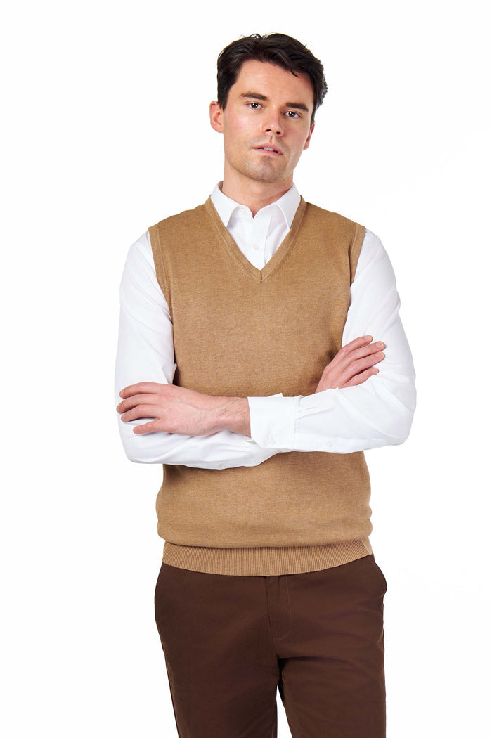 KNITTED COTTON CAMEL SLEEVELESS JUMPER V-NECK VEST