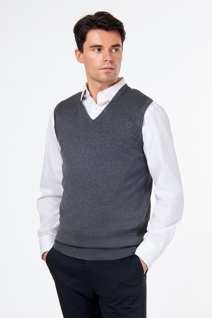 KNITTED COTTON CHARCOAL SLEEVELESS JUMPER V-NECK VEST