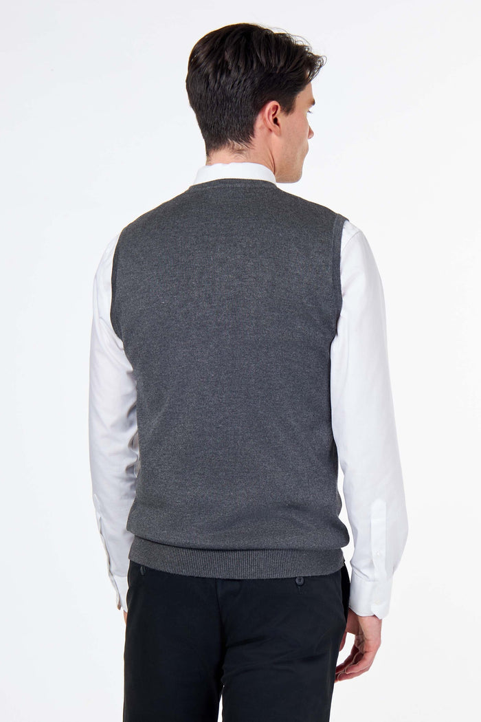 KNITTED COTTON CHARCOAL SLEEVELESS JUMPER V-NECK VEST