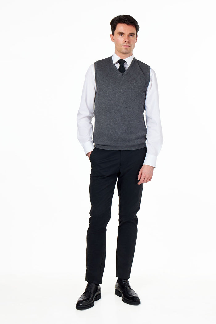 KNITTED COTTON CHARCOAL SLEEVELESS JUMPER V-NECK VEST