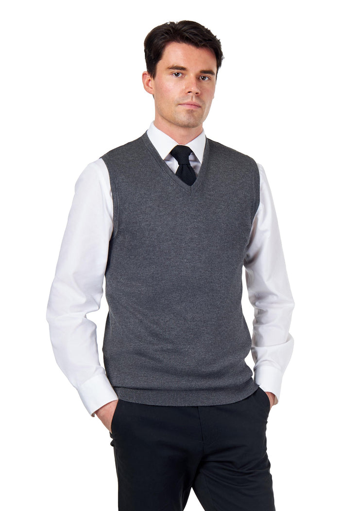 KNITTED COTTON CHARCOAL SLEEVELESS JUMPER V-NECK VEST