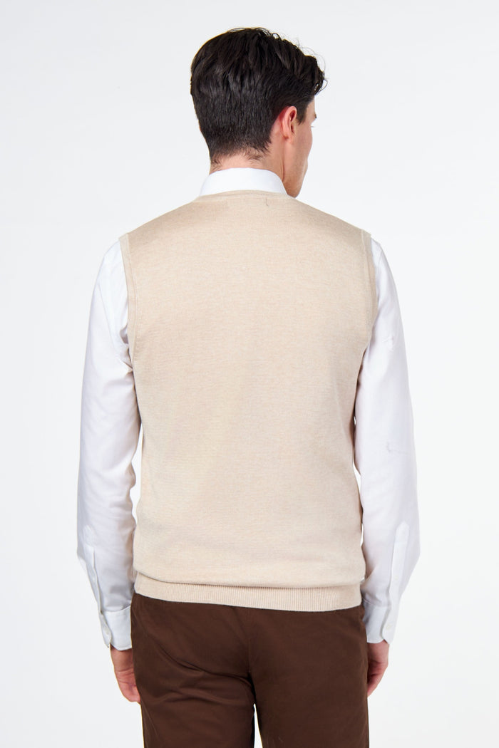 KNITTED COTTON CREAM SLEEVELESS JUMPER V-NECK VEST