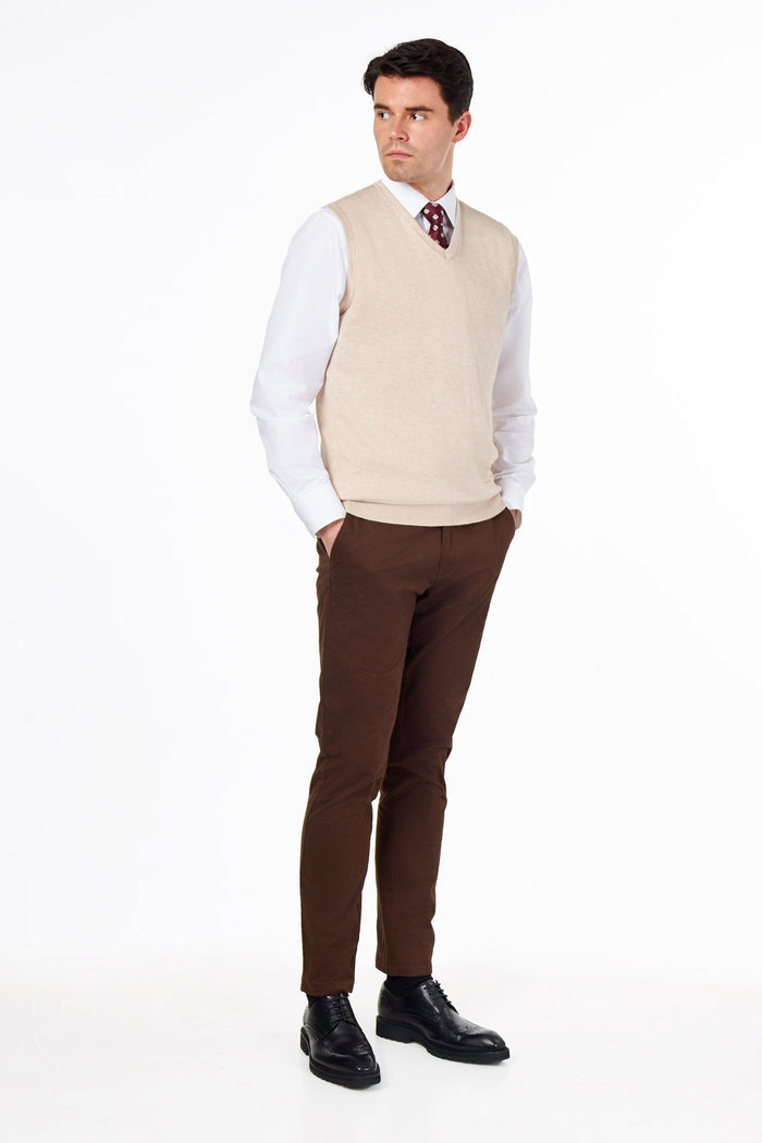 KNITTED COTTON CREAM SLEEVELESS JUMPER V-NECK VEST