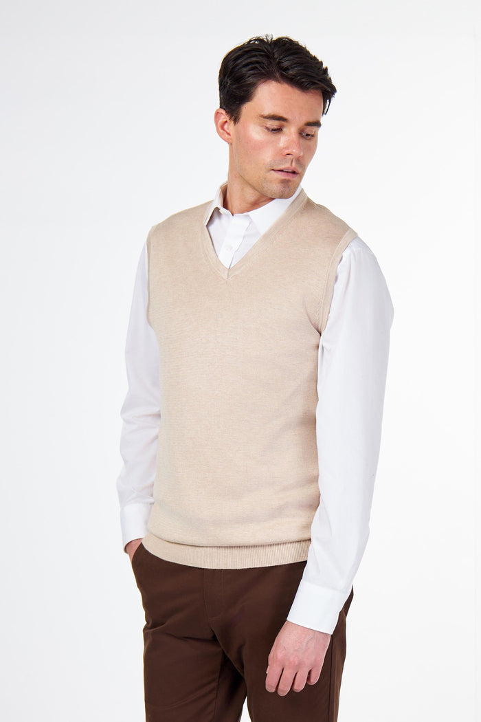KNITTED COTTON CREAM SLEEVELESS JUMPER V-NECK VEST