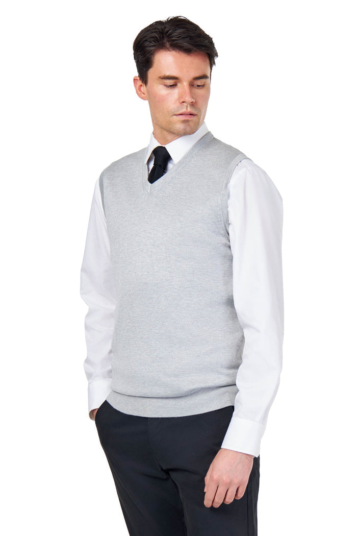 KNITTED COTTON GREY SLEEVELESS JUMPER V-NECK VEST