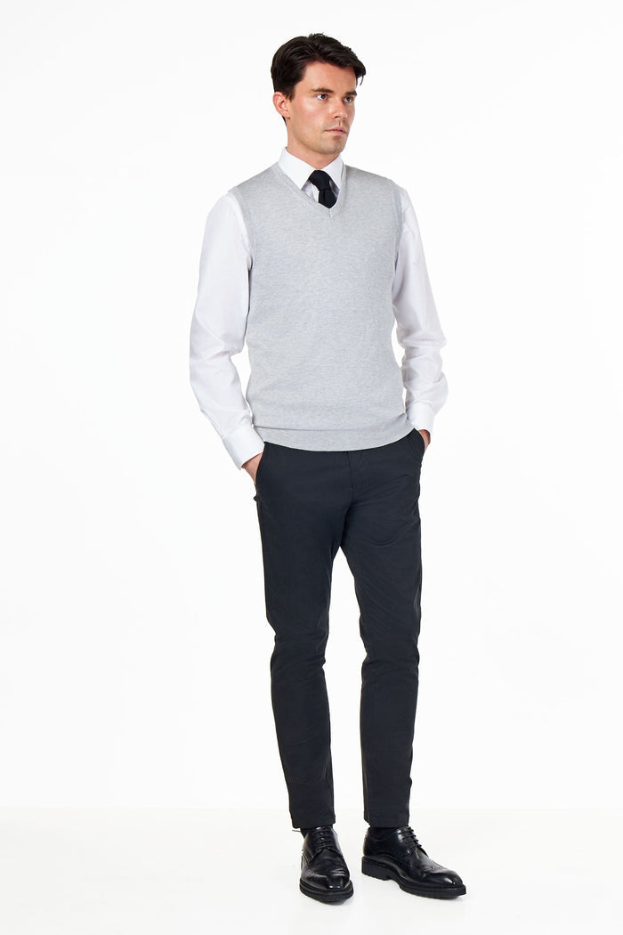 KNITTED COTTON GREY SLEEVELESS JUMPER V-NECK VEST