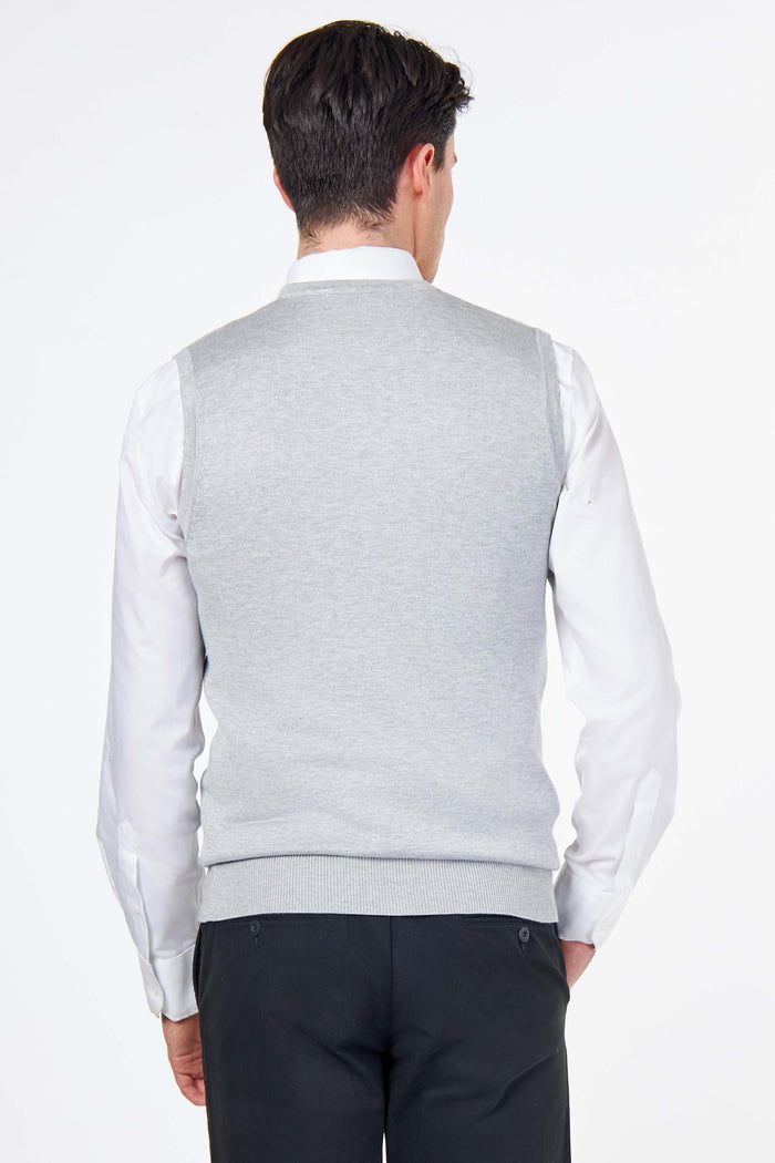 KNITTED COTTON GREY SLEEVELESS JUMPER V-NECK VEST