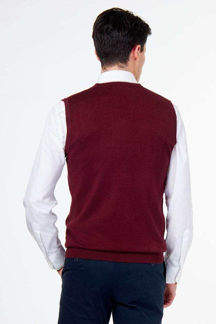 KNITTED COTTON MAROON SLEEVELESS JUMPER V-NECK VEST