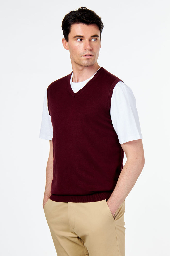 KNITTED COTTON MAROON SLEEVELESS JUMPER V-NECK VEST