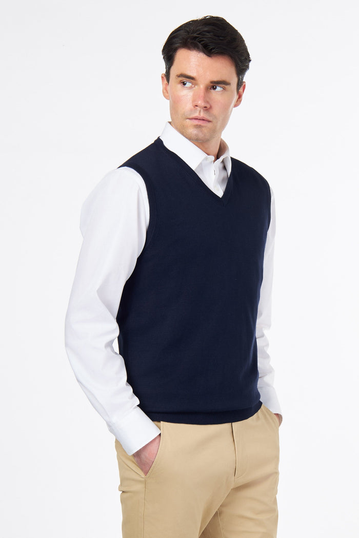 KNITTED COTTON NAVY SLEEVELESS JUMPER V-NECK VEST