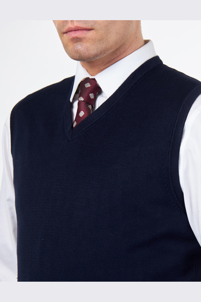 KNITTED COTTON NAVY SLEEVELESS JUMPER V-NECK VEST