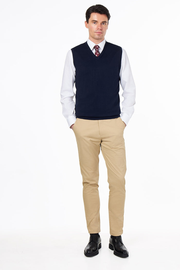 KNITTED COTTON NAVY SLEEVELESS JUMPER V-NECK VEST