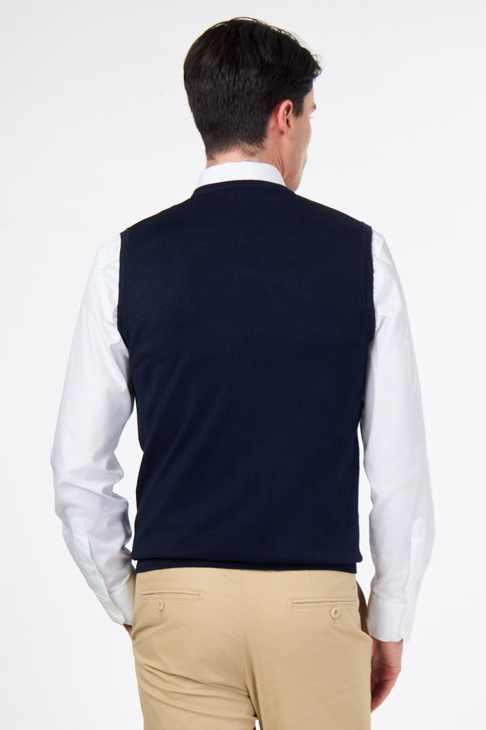 KNITTED COTTON NAVY SLEEVELESS JUMPER V-NECK VEST