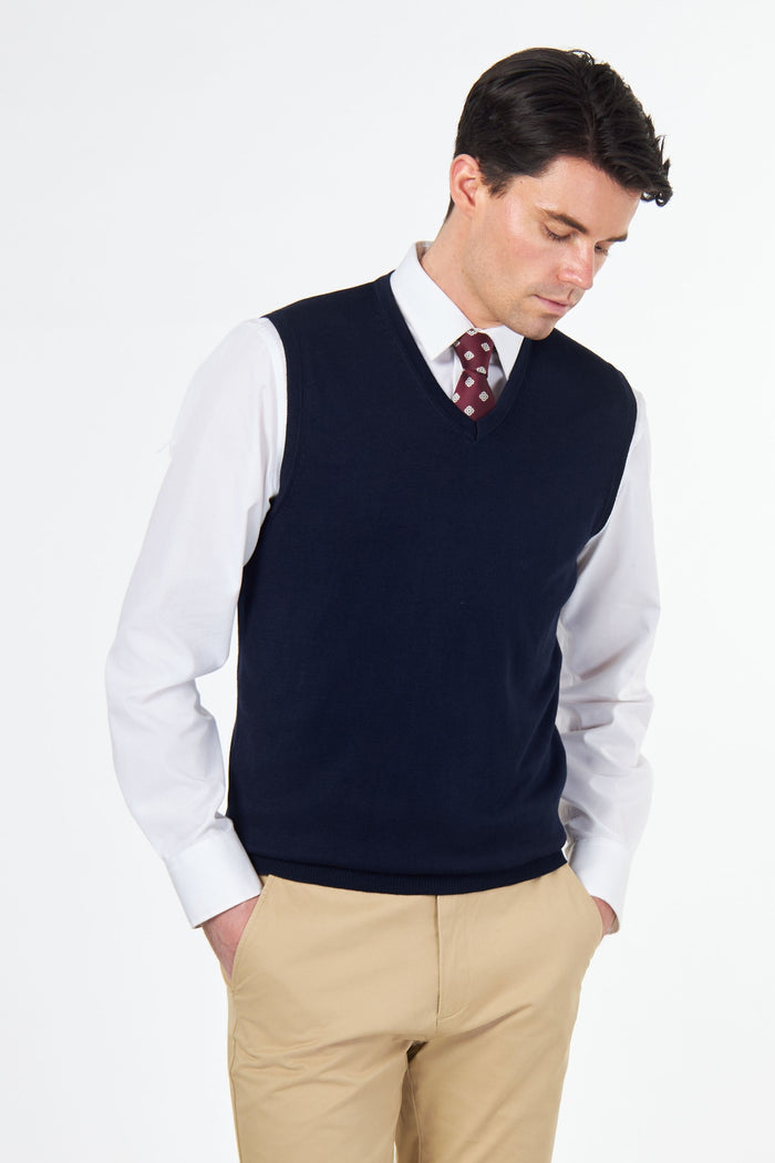 KNITTED COTTON NAVY SLEEVELESS JUMPER V-NECK VEST