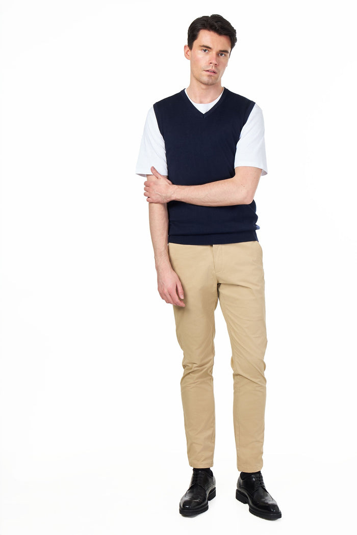 KNITTED COTTON NAVY SLEEVELESS JUMPER V-NECK VEST
