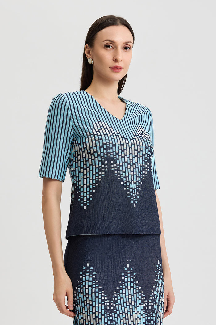 Linear Ombre Soft Knit Top, Indigo/Limestone/Serene/White | Ming Wang