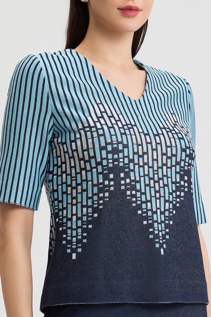Linear Ombre Soft Knit Top, Indigo/Limestone/Serene/White | Ming Wang