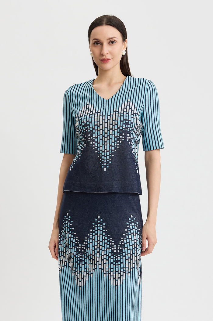 Linear Ombre Soft Knit Top, Indigo/Limestone/Serene/White | Ming Wang