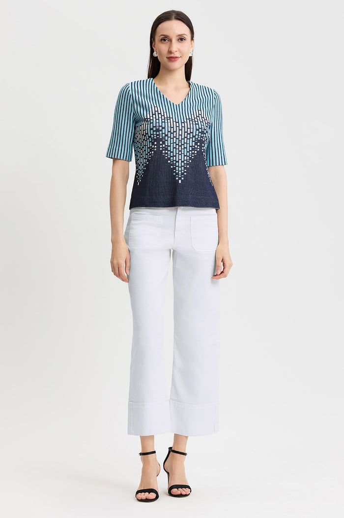 Linear Ombre Soft Knit Top, Indigo/Limestone/Serene/White | Ming Wang