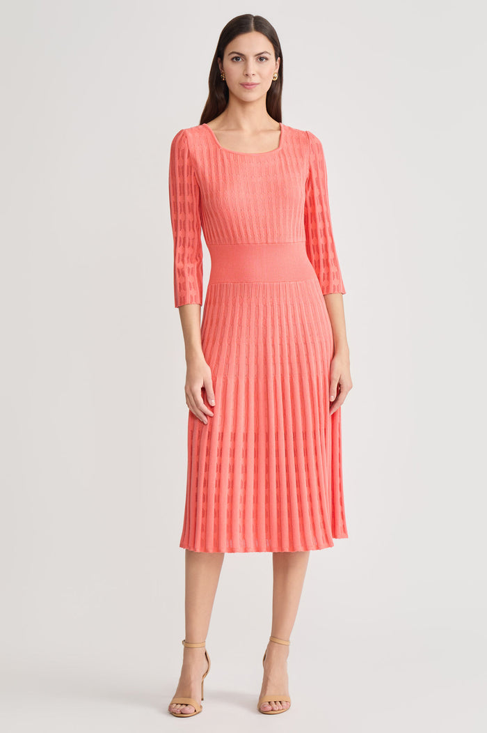 Linear Pointelle Tonal Knit Fit-N-Flare Midi Dress, Sunkist Coral | Ming Wang