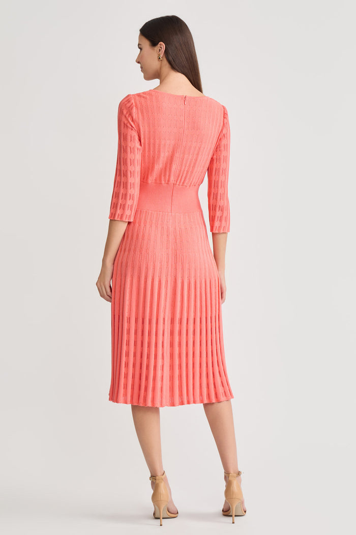 Linear Pointelle Tonal Knit Fit-N-Flare Midi Dress, Sunkist Coral | Ming Wang