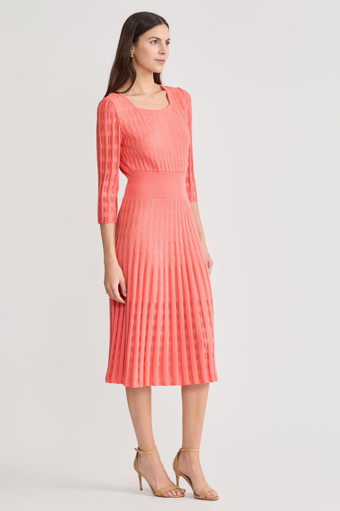Linear Pointelle Tonal Knit Fit-N-Flare Midi Dress, Sunkist Coral | Ming Wang