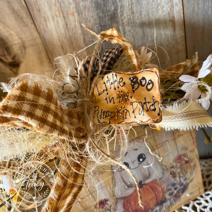 Little Boo in the Pumpkin Patch 5x5 Wood Block Decor - Primitive Halloween Shelf Sitter