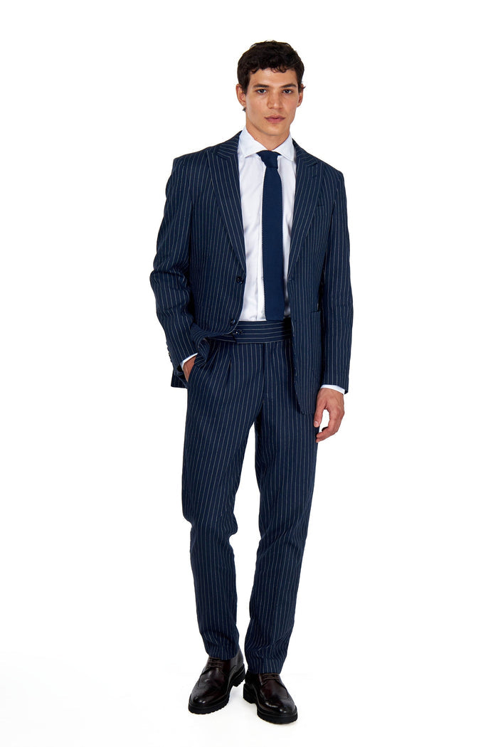 LLOYD - Tailored Mens Navy Pinstripe Linen 2 Piece Suit