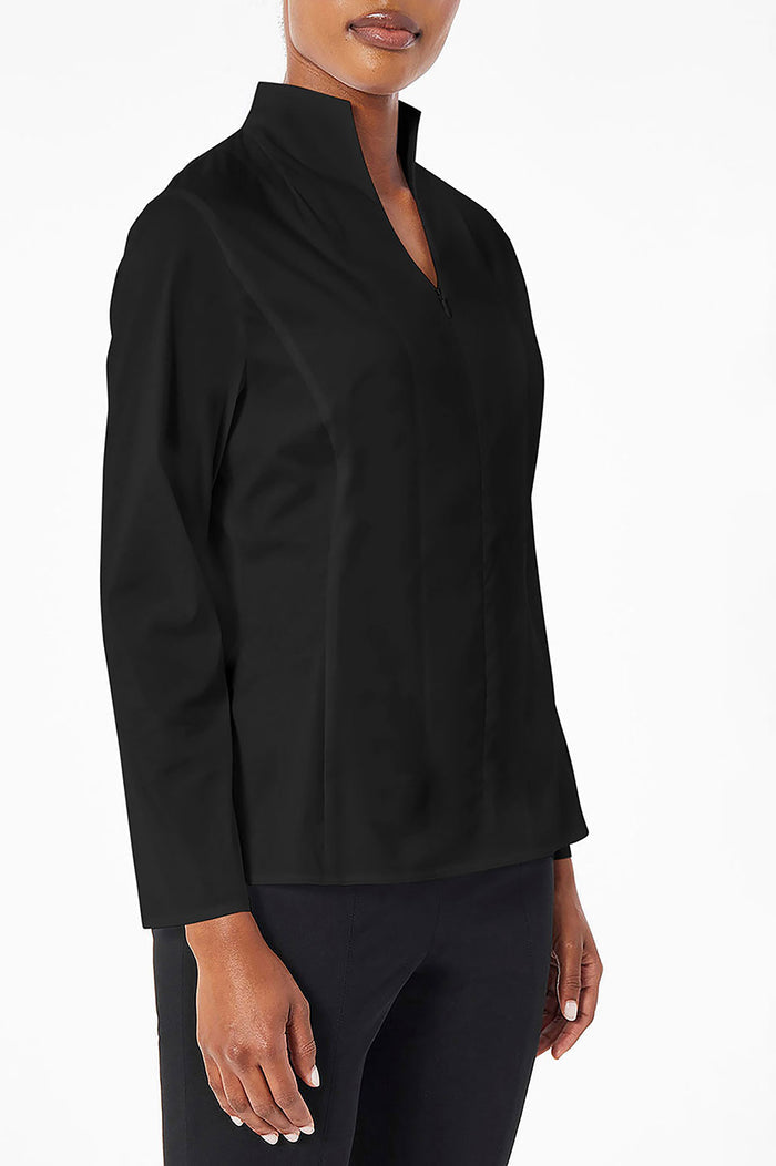 Long Sleeve Zip-Up Cotton Poplin Blouse, Black | Ming Wang