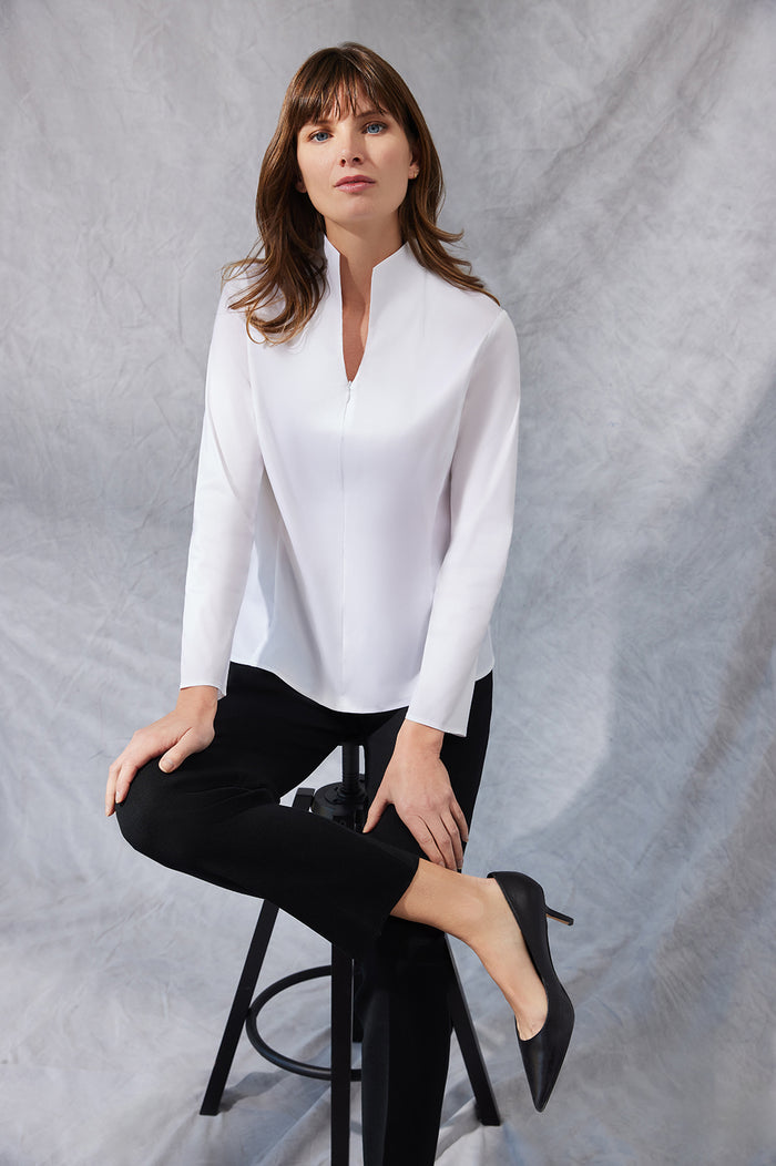Long Sleeve Zip-Up Cotton Poplin Blouse, White, White | Ming Wang