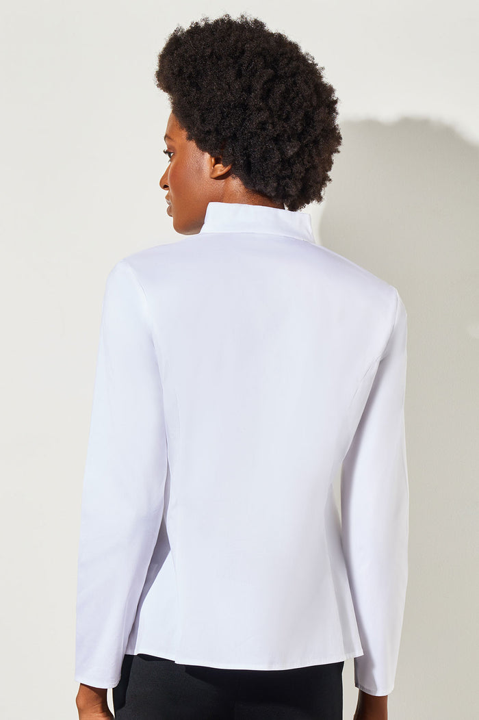 Long Sleeve Zip-Up Cotton Poplin Blouse, White | Ming Wang