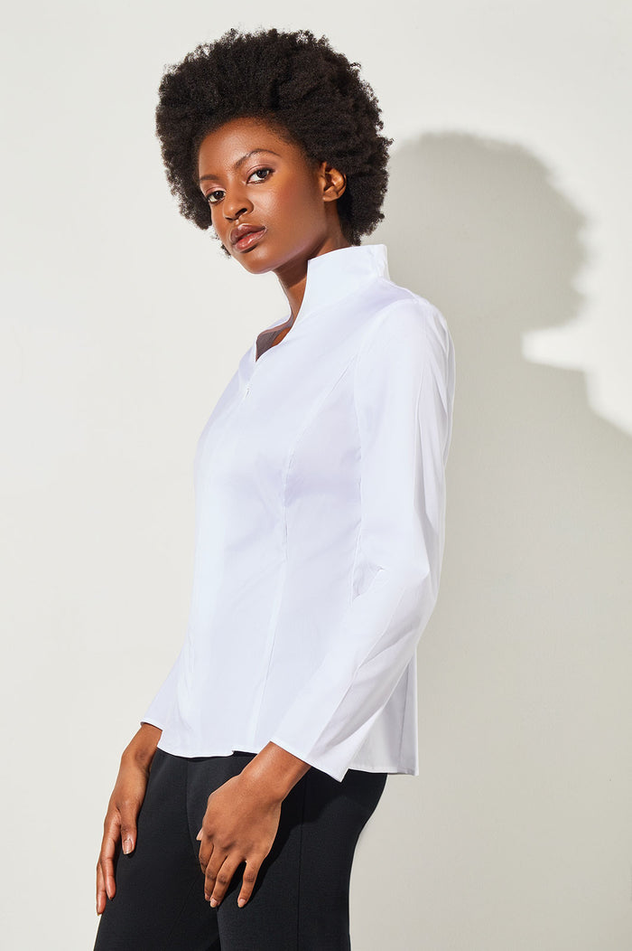 Long Sleeve Zip-Up Cotton Poplin Blouse, White | Ming Wang