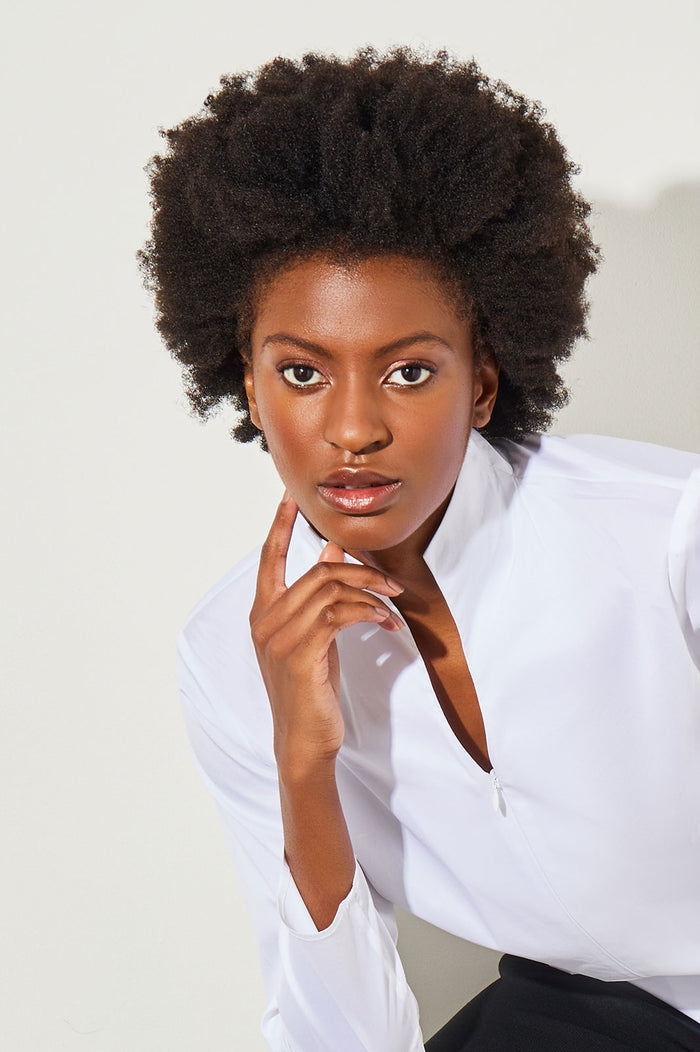 Long Sleeve Zip-Up Cotton Poplin Blouse, White | Ming Wang