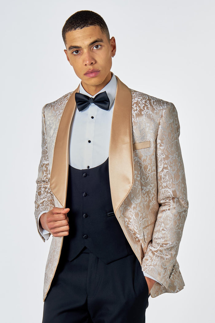 LOUIS – CHAMPAGNE GOLD DAMASK PRINT 3 PIECE WEDDING TUXEDO SUIT