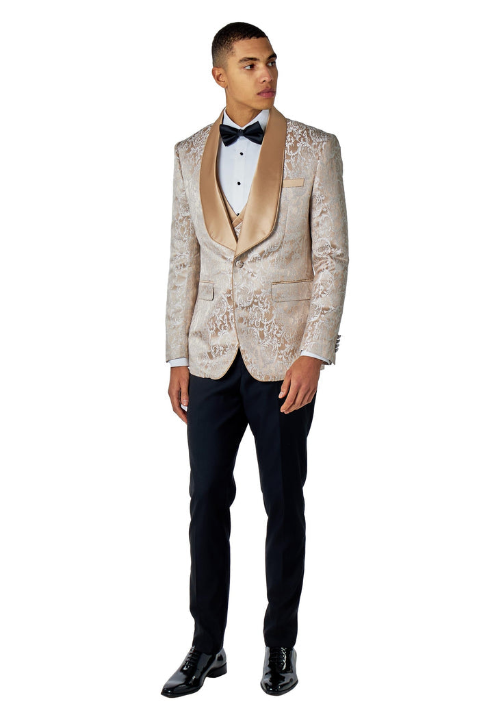 LOUIS – CHAMPAGNE GOLD DAMASK PRINT 3 PIECE WEDDING TUXEDO SUIT