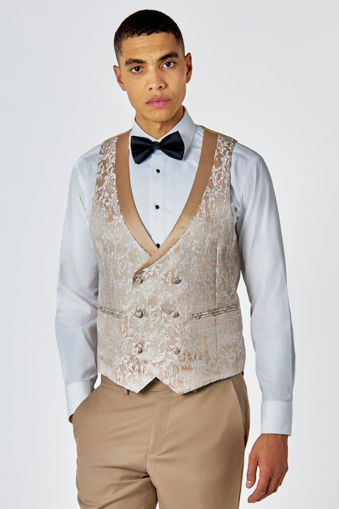 Men's Louis Champagne Gold Jacquard Single Breasted 5-Piece Tuxedo Suit Bundle