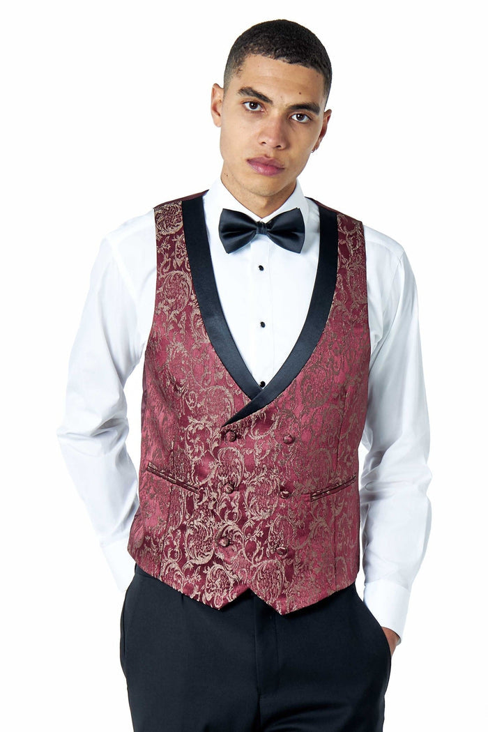 LOUIS – MAROON 3 PIECE DAMASK PRINT WEDDING TUXEDO SUIT