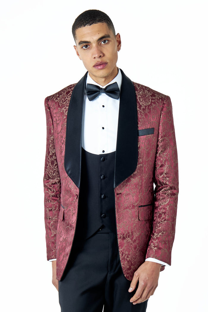 LOUIS – MAROON DAMASK PRINT 3 PIECE WEDDING TUXEDO SUIT