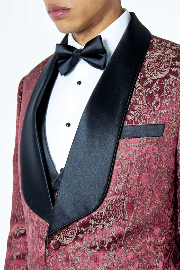 LOUIS – MAROON 3 PIECE DAMASK PRINT WEDDING TUXEDO SUIT