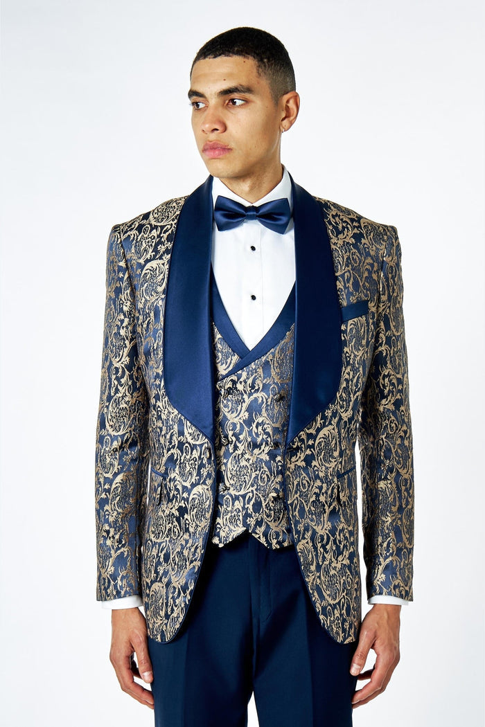 Men's Louis Navy Jacquard Single Breasted 5-Piece Tuxedo Suit Bundle
