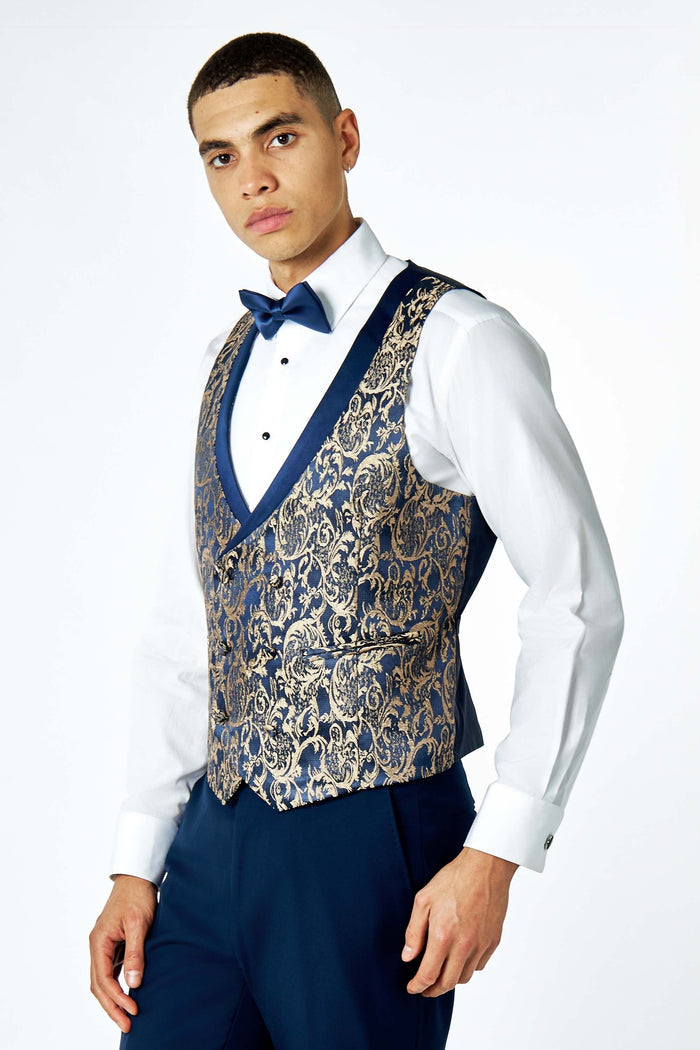 Men's Louis Navy Jacquard Single Breasted 5-Piece Tuxedo Suit Bundle