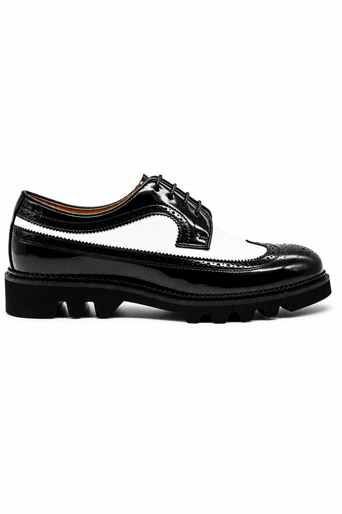 Men's 2 Tone Patent Brogues - Black & White Chunky Derby Shoes
